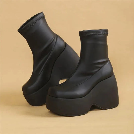 Chunky Black Block Platform Boots - Wedge Shoes - LeStyleParfait