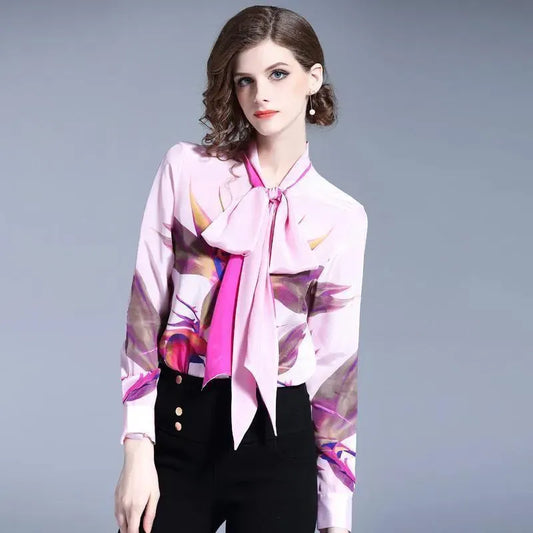 Pink Bow Tie Women Blouse - Women's Shirt - LeStyleParfait