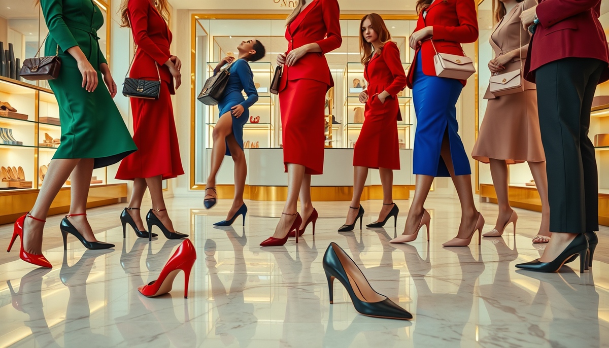 Assorted women's pumps in red, black, navy and blush displayed on a marble boutique floor as models walk by in tailored outfits - LeStyleParfait pumps style guide