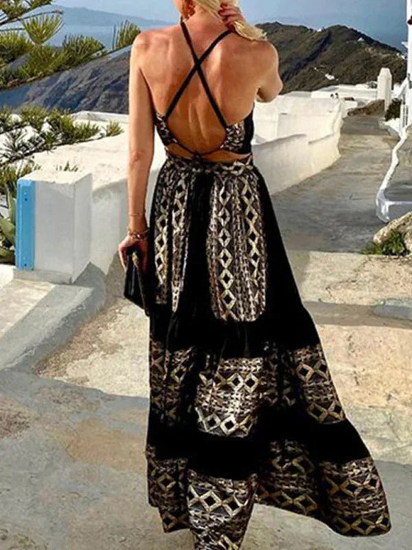 Boho Geometric Halter Chiffon Maxi Dress fashion image