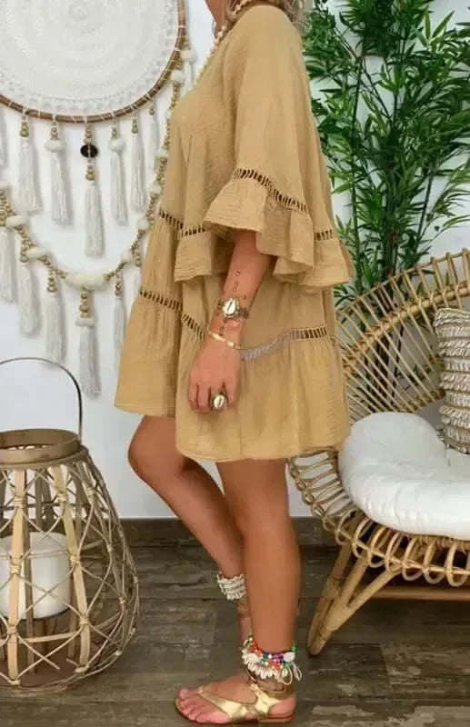 Casual Loose Tiered Mini Dress with V-Neck and Three-Quarter Sleeves fashion image