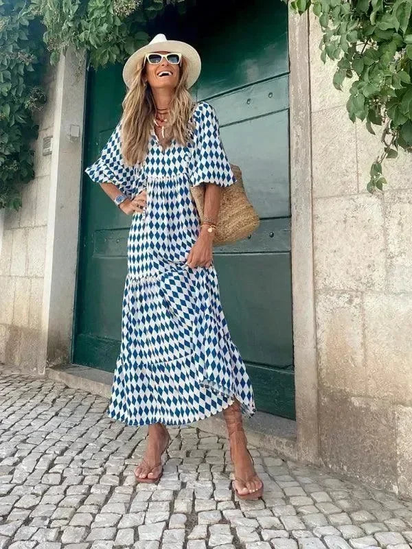 Chic Geometric Cotton Tiered Maxi Dress