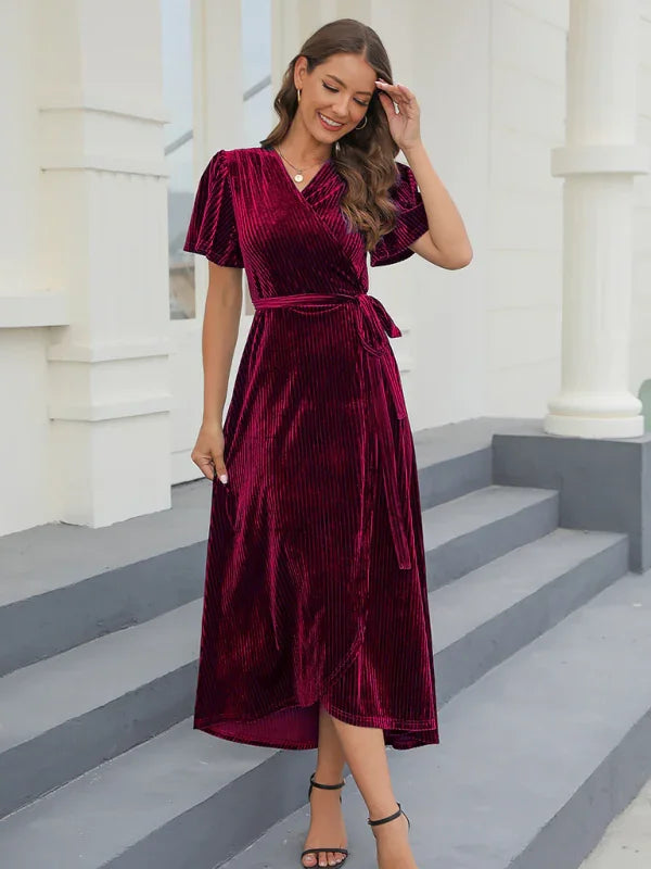 Elegant Brown Velvet Wrap Maxi Dress