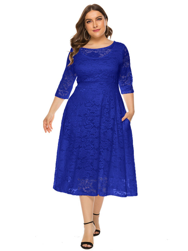 Elegant Lace Round Neck Midi Dress