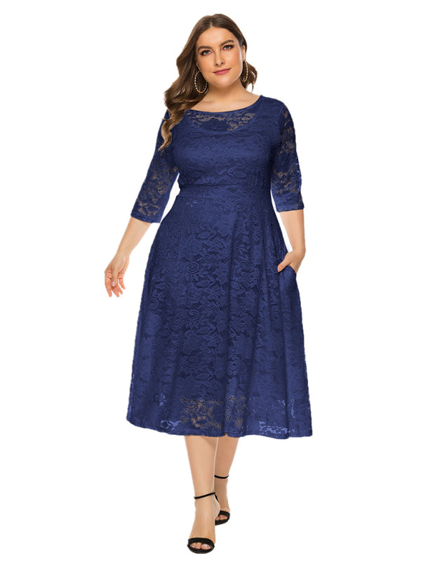 Elegant Lace Round Neck Midi Dress