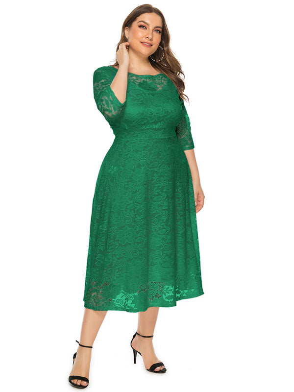 Elegant Lace Round Neck Midi Dress