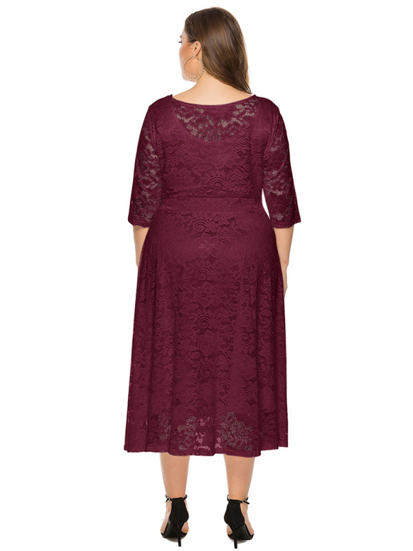 Elegant Lace Round Neck Midi Dress
