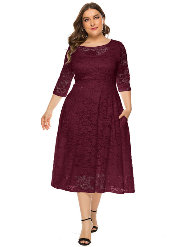 Elegant Lace Round Neck Midi Dress
