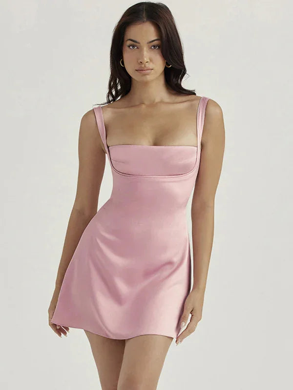 Elegant Pink Satin Square Neck Mini Dress