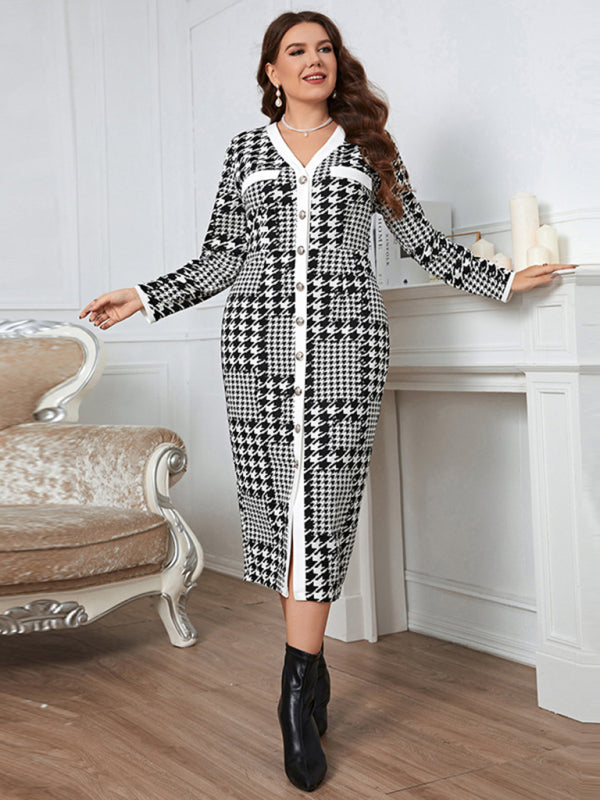 Elegant Plaid Knit Midi Dress