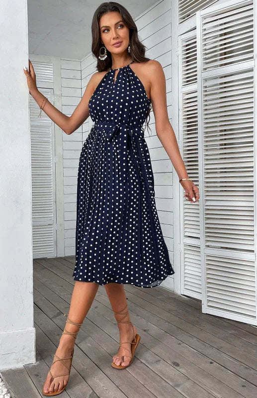 Elegant Polka Dot Halter Midi Dress