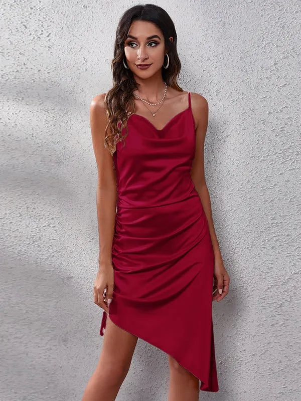 Elegant Satin Cowl Neck Mini Dress