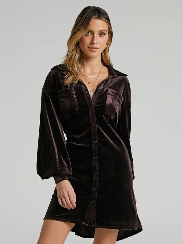 Elegant Velvet Balloon Sleeve Midi Dress