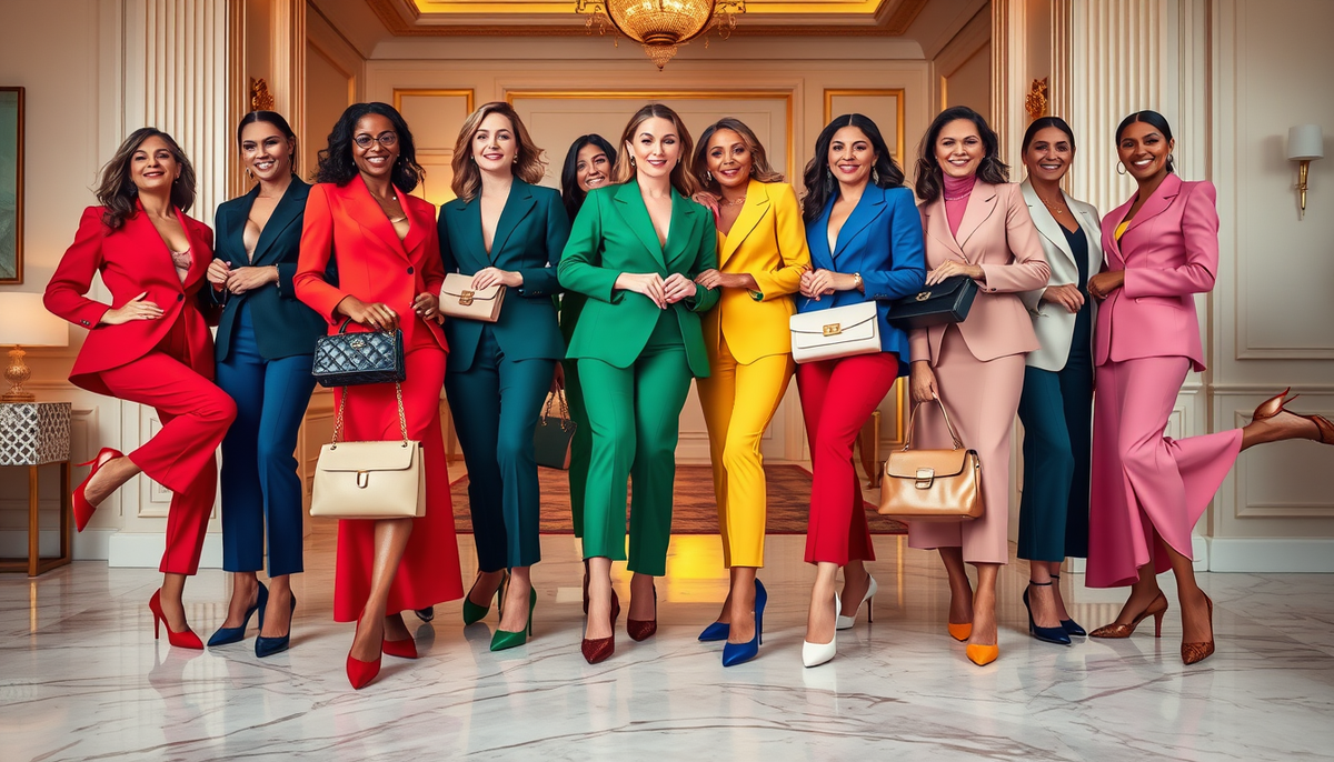 Women in jewel-toned pantsuits and dresses pairing red, green and blue stiletto pumps with structured handbags in a marble interior fashion image