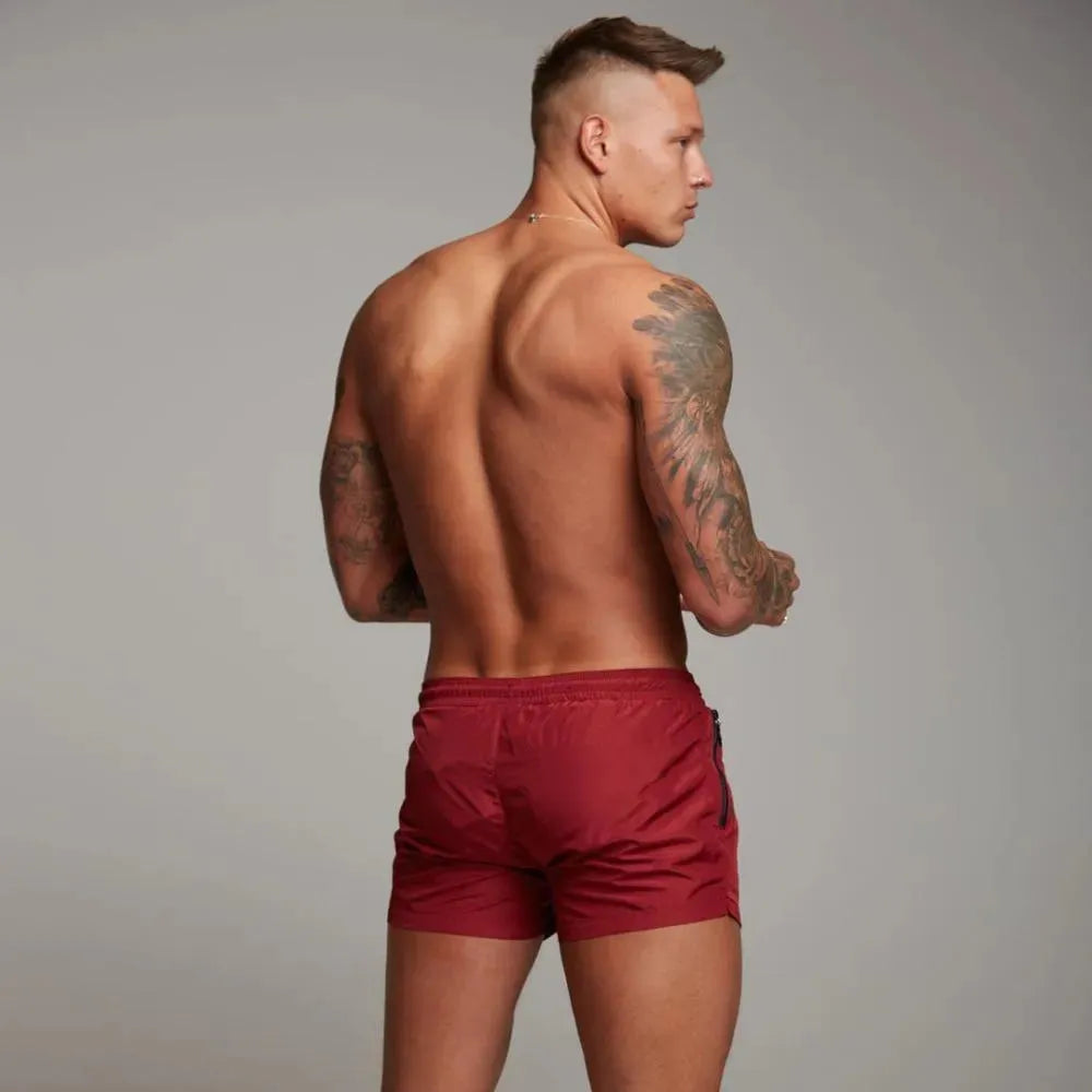 Men Red White Sporty Swim Shorts