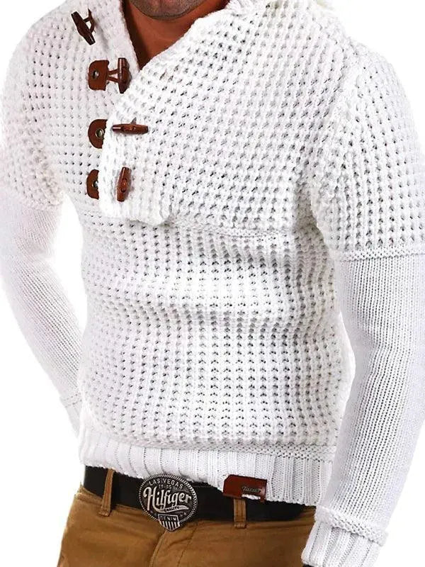 Men’s Hooded Ribbed Pullover Sweater – Horn Button