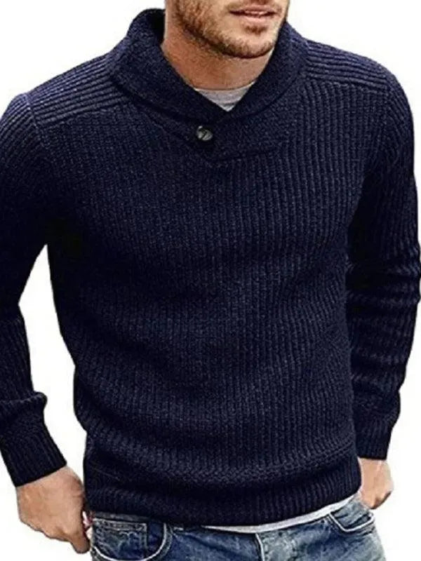 Men’s Lapel V-Neck Pullover Sweater – Solid Knit