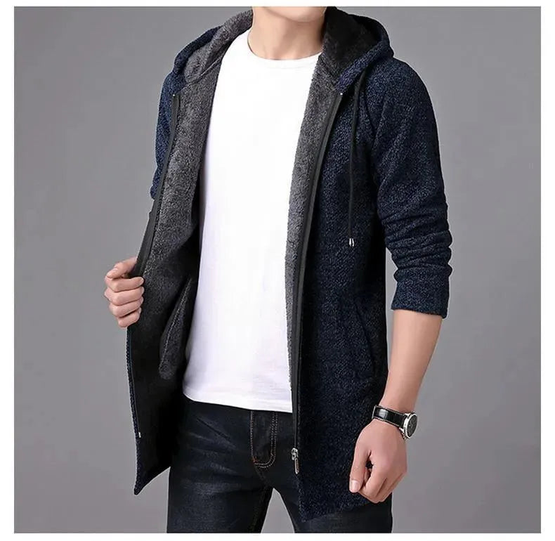 Men’s Long Hooded Cardigan Sweater – Winter Knit
