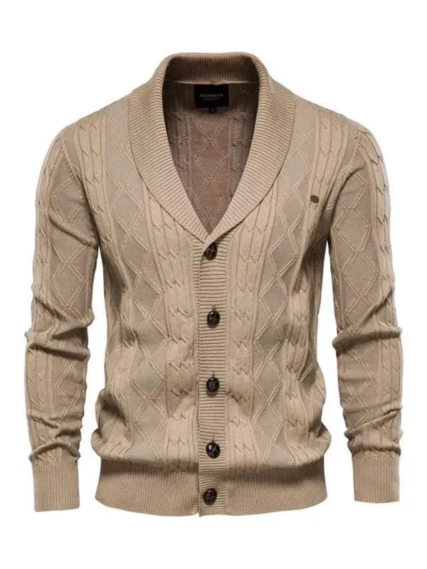 Men’s Textured V-Neck Cardigan Sweater – Button fashion image