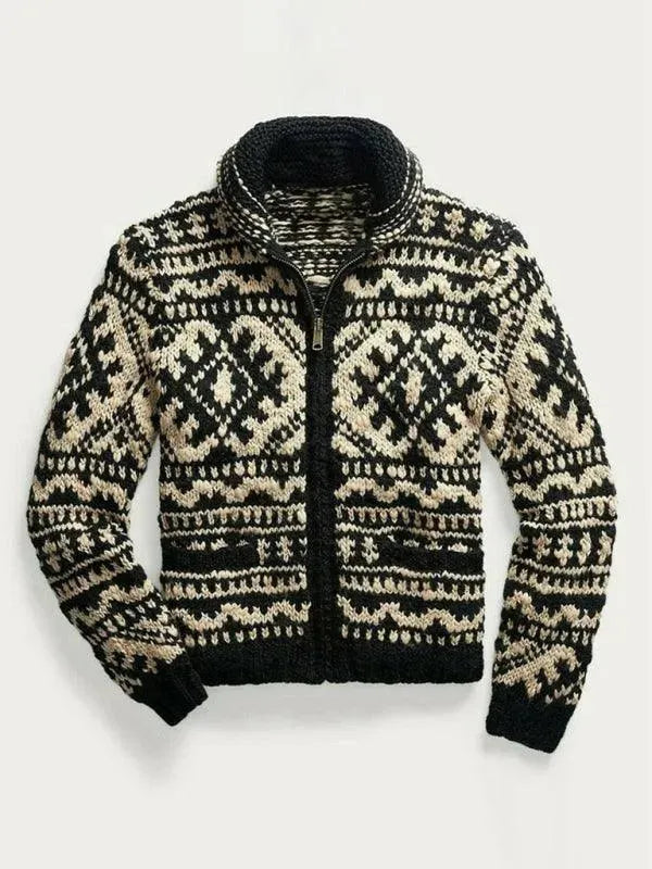 Men’s Zip Jacquard Cardigan Sweater – V-Neck