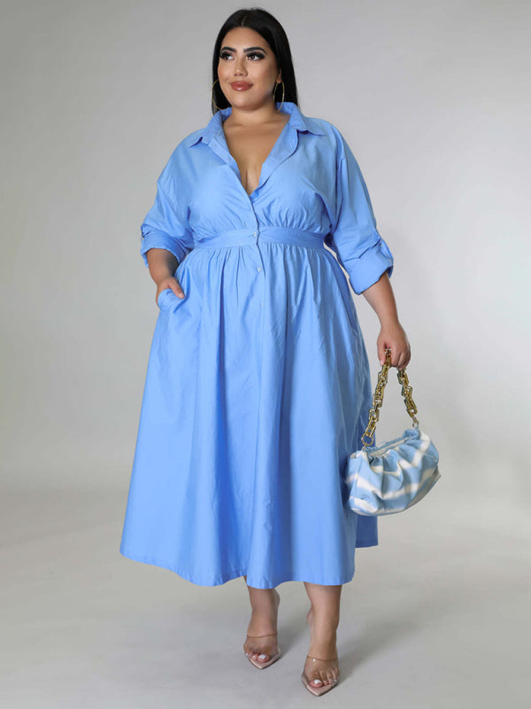 Relaxed Lapel Collar Midi Shirt Dress