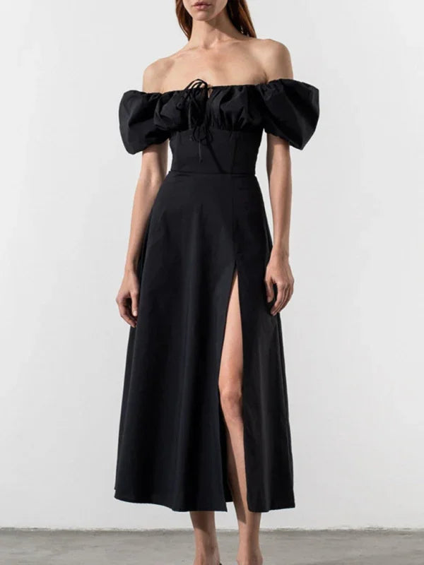 Romantic Black Cotton Puff Sleeve Midi Dress