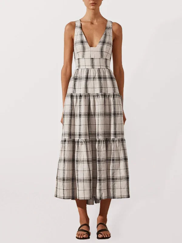 Romantic Checkered Cotton Tiered Midi Dress