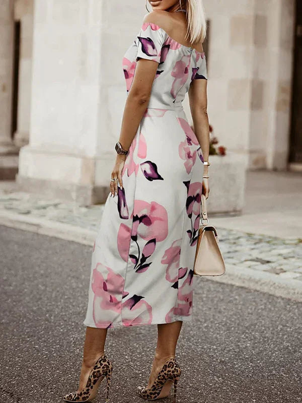 Romantic Pink Floral Chiffon Midi Dress