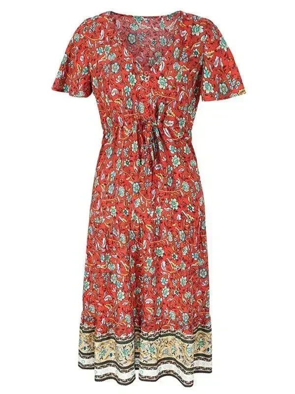 Romantic Red Floral Cotton Maxi Dress