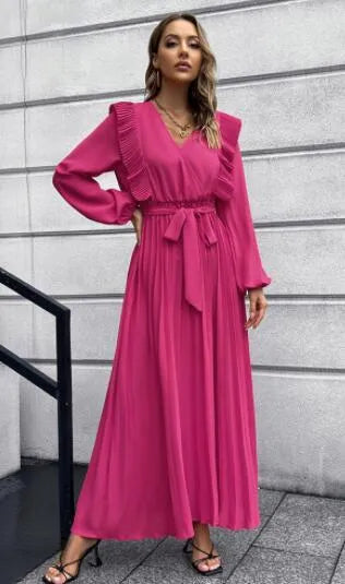 Romantic Red Pleated Wrap Maxi Dress