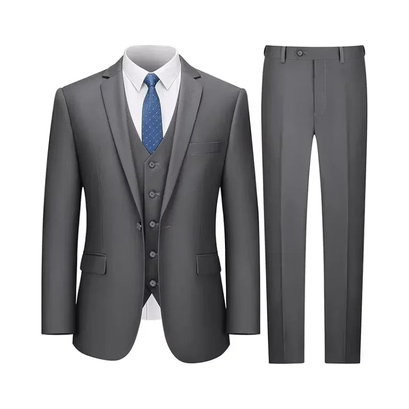 Men's Custom 3-Piece Slim Fit Suit – Single Breasted Cotton Tuxedo, Vest & Pants, Gray