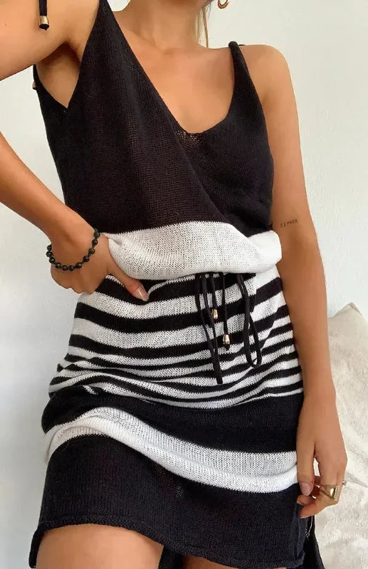 Summer Casual Knit Straight Mini Dress with V-Neck and Stripes fashion image