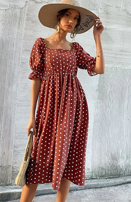 Vintage Red Polka Dot Chiffon Midi Dress