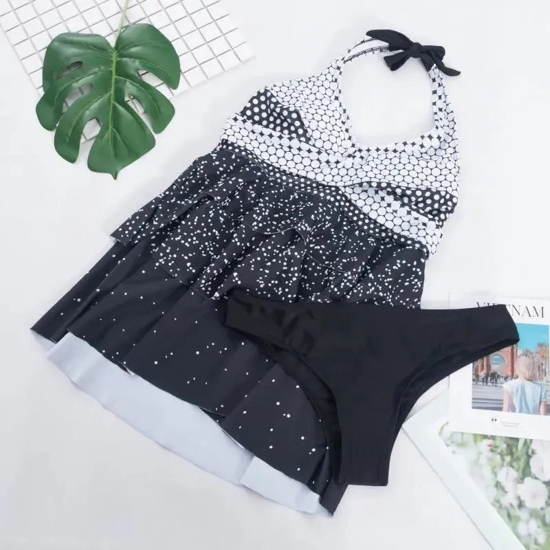 Women Black Geometric Tankini Set