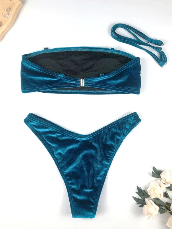 Women Blue High Waisted Bandeau Bikini Set