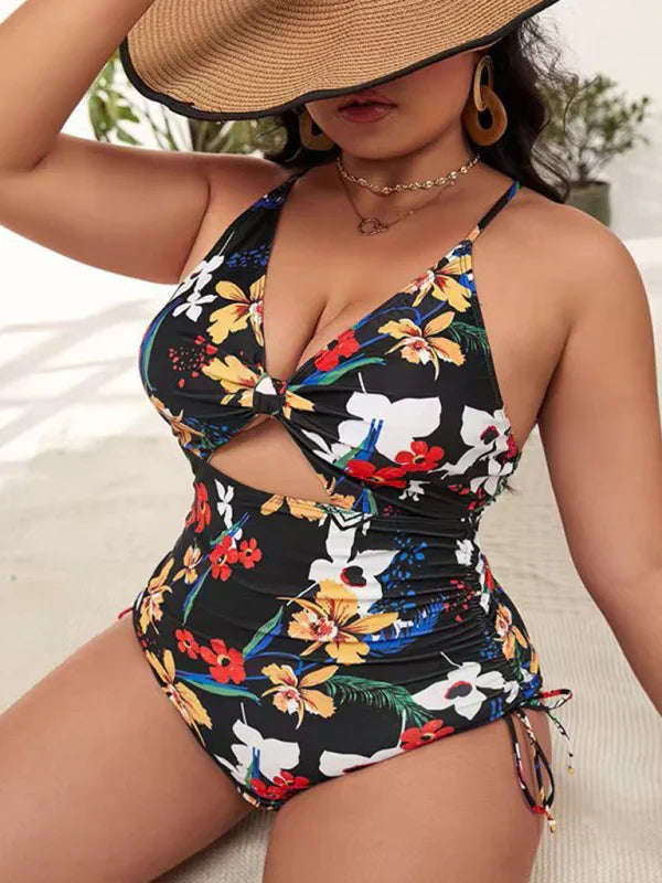 Women Floral Cut Out One Piece Swimsuit