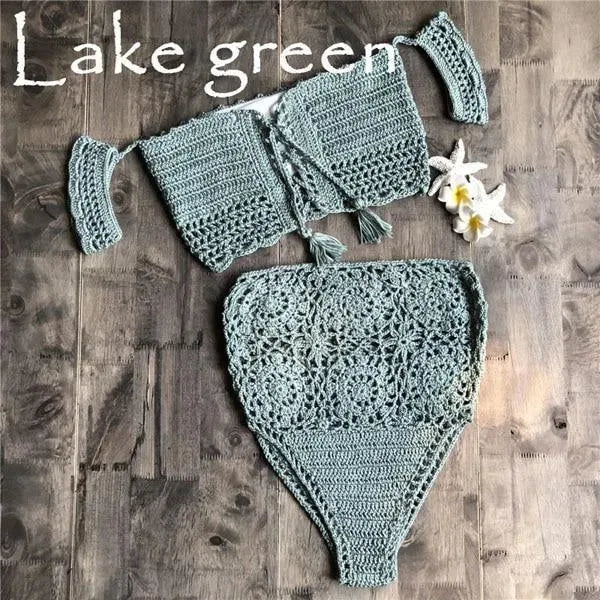Women Green Crochet Bandeau Bikini Set