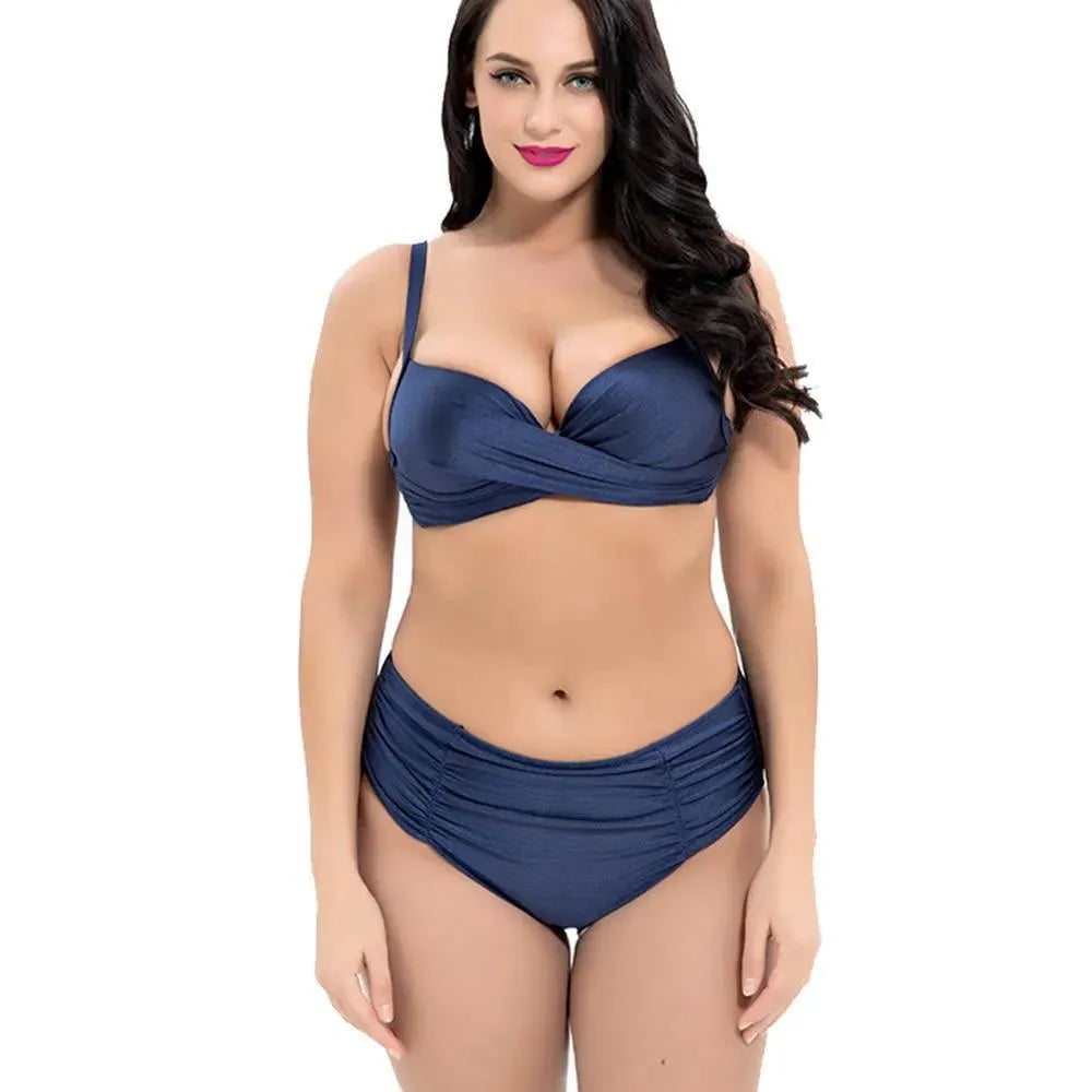 Women Navy Blue Push Up High Waisted Bikini Set