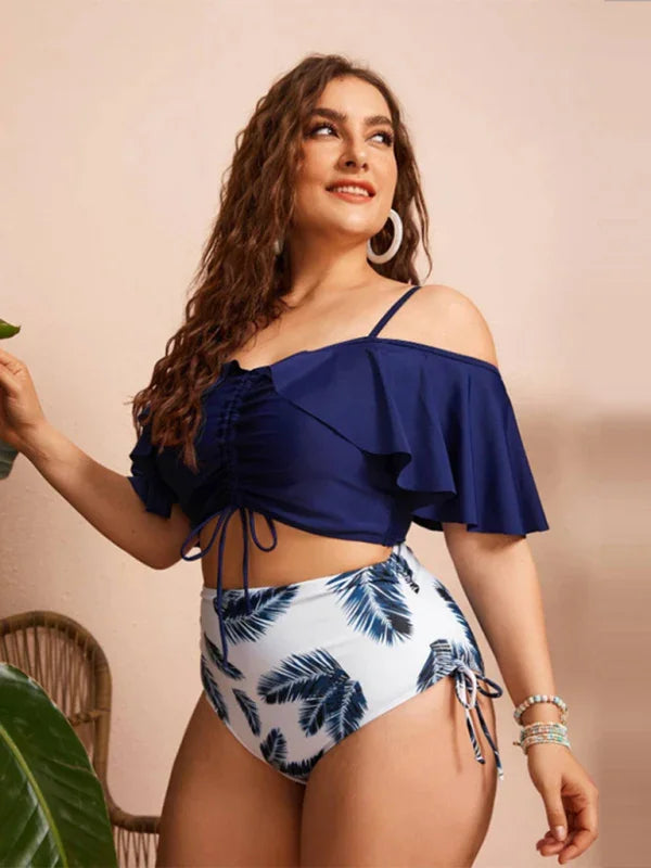 Women Navy High Waisted Floral Bikini Set