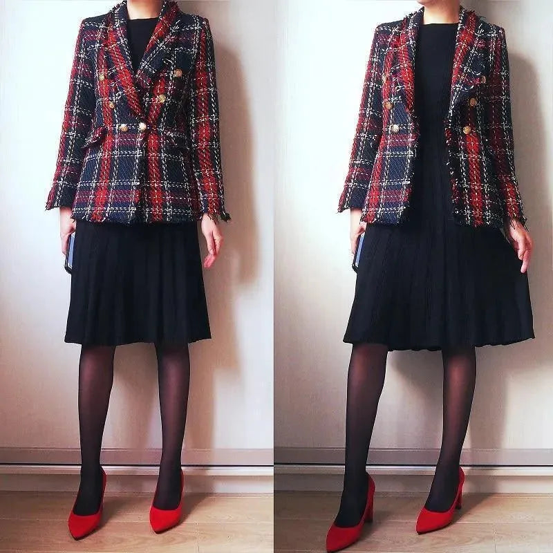 Women Plaid Tweed Blazer Women - Casual - Plaid fashion image