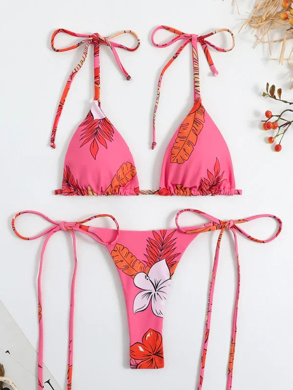 Women Red Floral High Waisted String Bikini Set