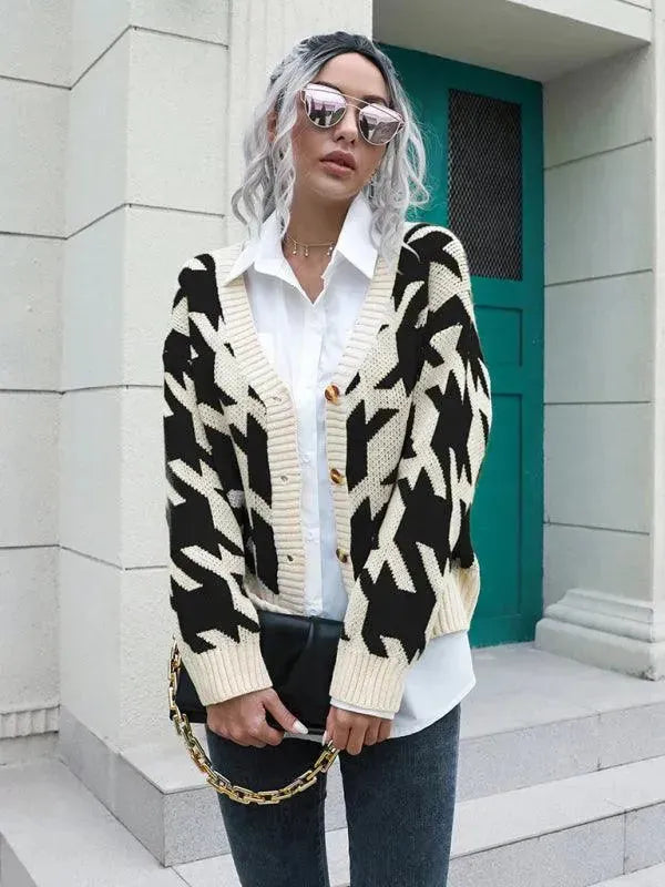 Women's Check Knit V-Neck Button Cardigan Sweater