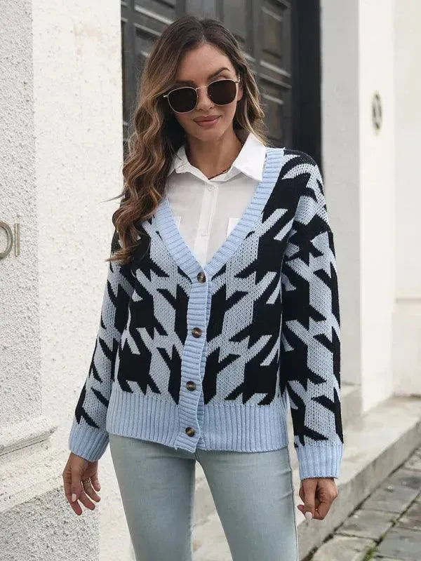 Women's Check Knit V-Neck Button Cardigan Sweater
