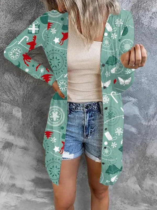 Women’s Christmas Graphic Cardigan Sweater – Festive V-Neck Longline