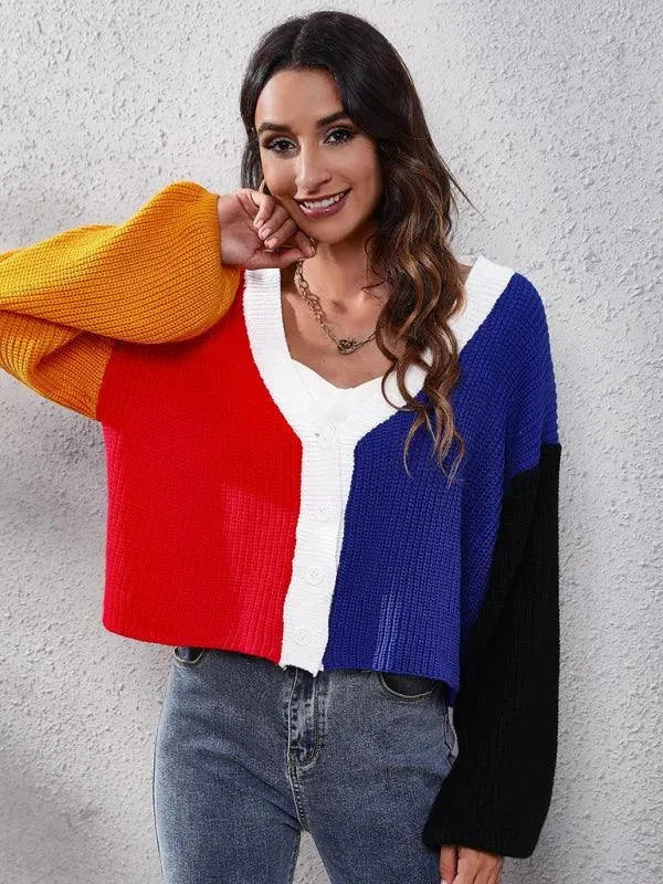 Women's Colorblock V-Neck Button Cardigan Sweater