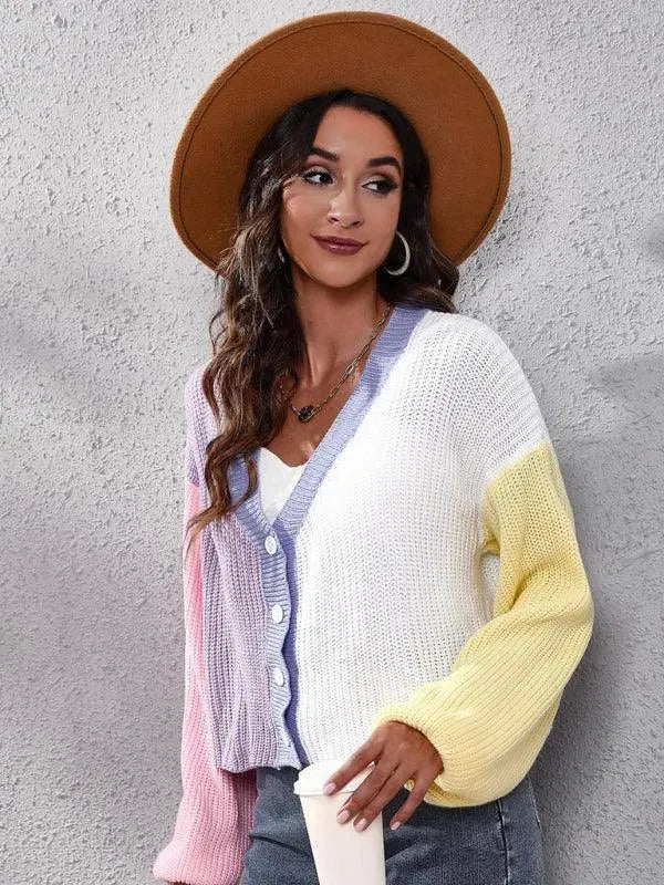 Women's Colorblock V-Neck Button Cardigan Sweater