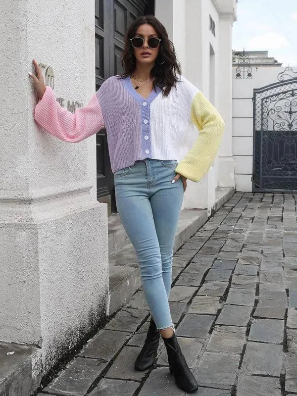 Women’s Colorblock V-Neck Cardigan Sweater – Button Knit