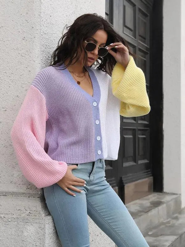 Women’s Colorblock V-Neck Cardigan Sweater – Button Knit