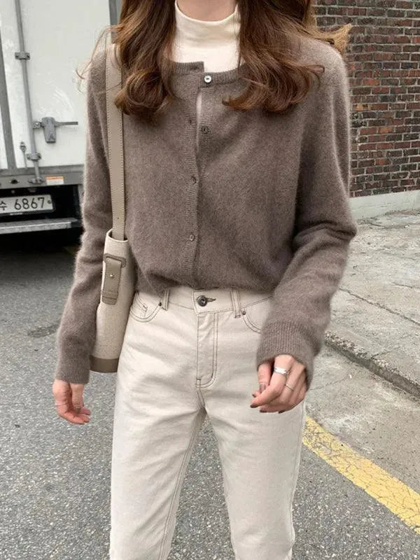 Women’s Crew Neck Button Cardigan Sweater – Minimalist Knit