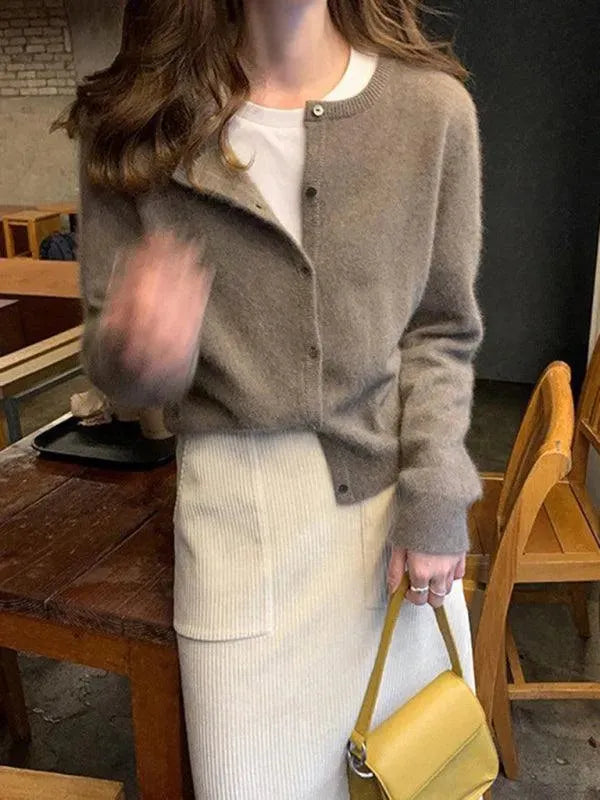 Women’s Crew Neck Button Cardigan Sweater – Minimalist Knit